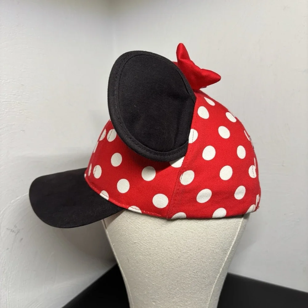 DISNEY Parks Minnie Mouse Hat Cap Ears Bow Snapback Youth Size Red W/ Polka Dots